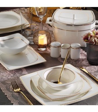 Aryıldız Bone Square Line Gold 60 Parça 12 Kişilik Bone China Porselen Kare Yemek Takımı