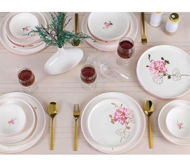 Sembol Hydrangea 24 Parça 6 Kişilik Desenli Bone China Porselen Yuvarlak Yemek Takımı