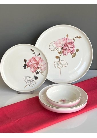 Sembol Hydrangea 24 Parça 6 Kişilik Desenli Bone China Porselen Yuvarlak Yemek Takımı