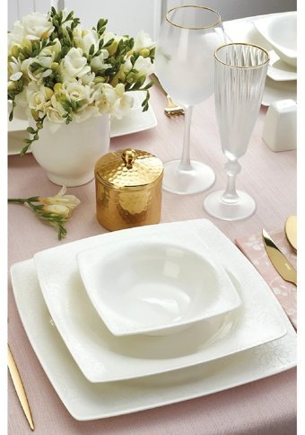 Emsan Meyra 61 Parça 12 Kişilik Bone China Porselen Kare Yemek Takımı