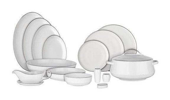 Evaliza Hanedan Shiny Platin 60 Parça 12 Kişilik Bone China Porselen Yuvarlak Yemek Takımı