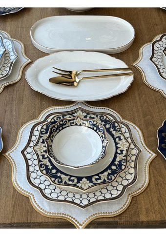 Rossev Blue Ring 40 Parça 6 Kişilik Porselen Yuvarlak Yemek Takımı
