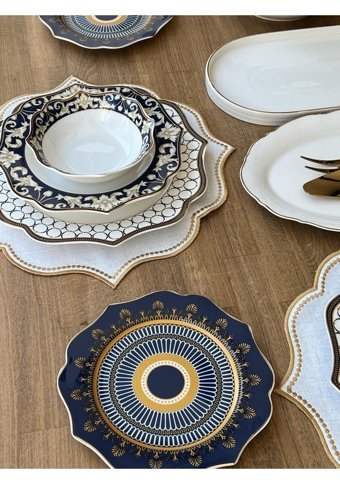 Rossev Blue Ring 40 Parça 6 Kişilik Porselen Yuvarlak Yemek Takımı