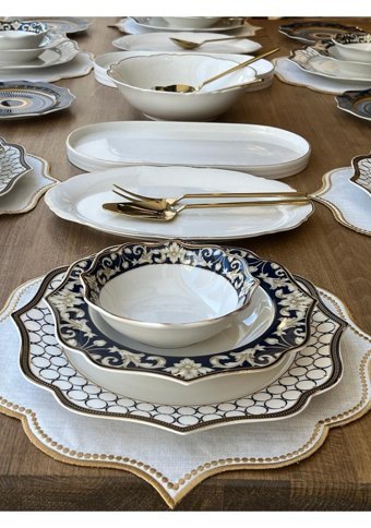 Rossev Blue Ring 40 Parça 6 Kişilik Porselen Yuvarlak Yemek Takımı