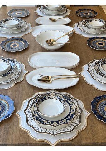 Rossev Blue Ring 40 Parça 6 Kişilik Porselen Yuvarlak Yemek Takımı