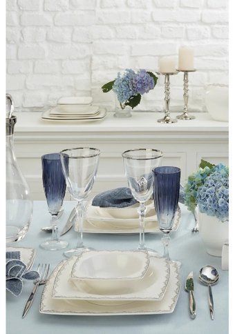 Emsan Yeni Lotus 61 Parça 12 Kişilik Bone China Porselen Kare Yemek Takımı