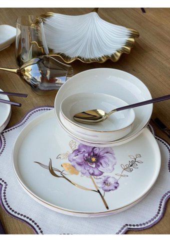 Pure Bone Bone Modern Violet 24 Parça 6 Kişilik Porselen Yuvarlak Yemek Takımı