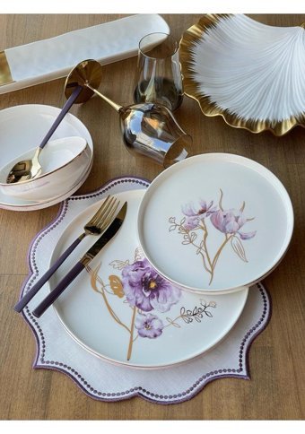 Pure Bone Bone Modern Violet 24 Parça 6 Kişilik Porselen Yuvarlak Yemek Takımı