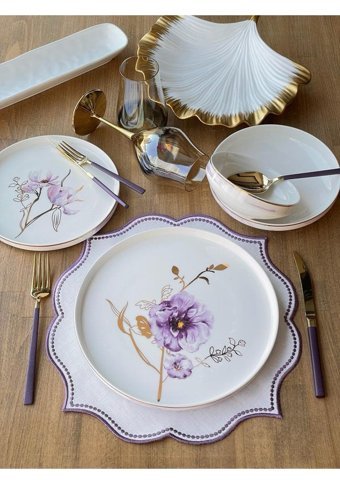 Pure Bone Bone Modern Violet 24 Parça 6 Kişilik Porselen Yuvarlak Yemek Takımı