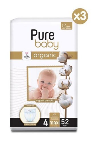 Pure Baby Organik 4 Numara Organik Bantlı Bebek Bezi 156'lı