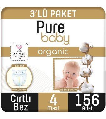 Pure Baby Organik 4 Numara Organik Bantlı Bebek Bezi 156'lı