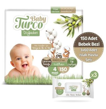 Baby Turco Doğadan 4 Numara Bantlı Bebek Bezi 150'li + 3 Adet Islak Mendil