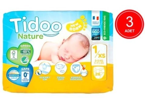 Tidoo Nature 1 Numara Organik Bantlı Bebek Bezi 3x26'lı