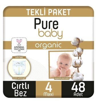 Pure Baby Organic 4 Numara Organik Bantlı Bebek Bezi 48'li