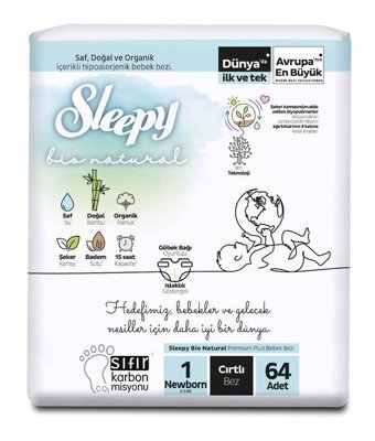 Sleepy Bio Natural 1 Numara Bantlı Bebek Bezi 64'lü