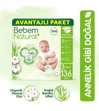 Bebem Natural 3 Numara Bantlı Bebek Bezi 136'lı