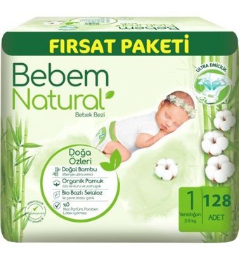 Bebem Natural 1 Numara Bantlı Bebek Bezi 128'li