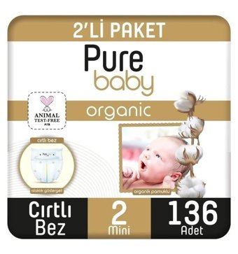 Pure Baby Organik 2 Numara Organik Bantlı Bebek Bezi 136'lı