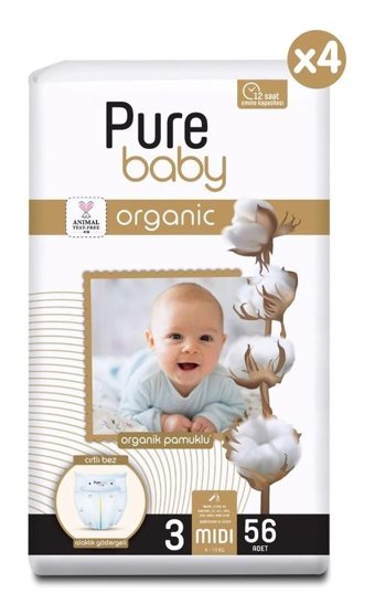 Pure Baby Organik 3 Numara Organik Bantlı Bebek Bezi 224'lü