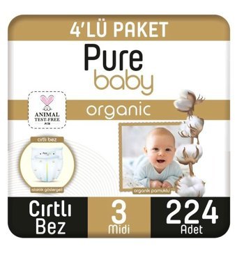 Pure Baby Organik 3 Numara Organik Bantlı Bebek Bezi 224'lü
