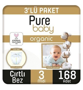 Pure Baby Organik 3 Numara Organik Bantlı Bebek Bezi 168'li