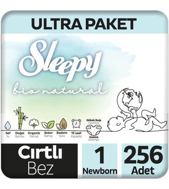 Sleepy Bio Natural 1 Numara Bantlı Bebek Bezi 256'lı