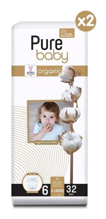 Pure Baby Organik 6 Numara Organik Bantlı Bebek Bezi 2x32'li