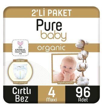 Pure Baby Organik 4 Numara Organik Bantlı Bebek Bezi 96'lı