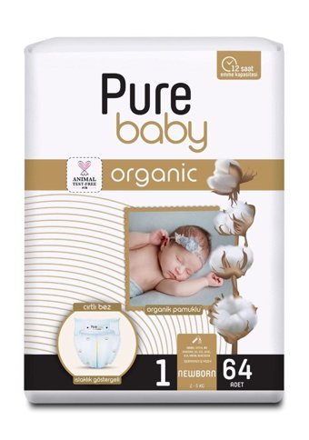 Pure Baby Organik 1 Numara Organik Bantlı Bebek Bezi 64'lü