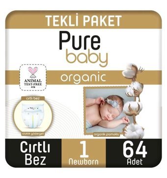 Pure Baby Organik 1 Numara Organik Bantlı Bebek Bezi 64'lü
