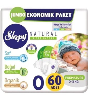 Sleepy Natural 0 Numara Bantlı Bebek Bezi 60'lı