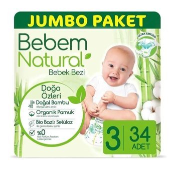 Bebem Natural 3 - 4 Numara Bantlı Bebek Bezi 34'lü
