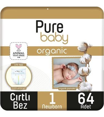 Pure Baby Organic 1 Numara Organik Bantlı Bebek Bezi 64'lü