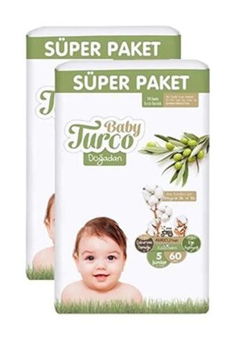 Baby Turco Doğadan 5 Numara Bantlı Bebek Bezi 2x60'lı
