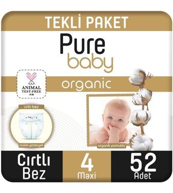 Pure Baby Organik 4 Numara Organik Bantlı Bebek Bezi 52'li
