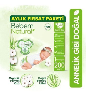 Bebem Natural 1 Numara Bantlı Bebek Bezi 200'lü