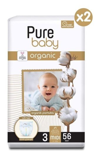 Pure Baby Organik 3 Numara Organik Bantlı Bebek Bezi 112'li