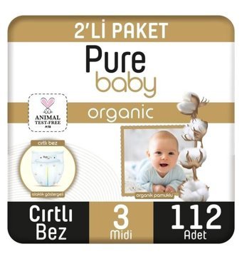 Pure Baby Organik 3 Numara Organik Bantlı Bebek Bezi 112'li