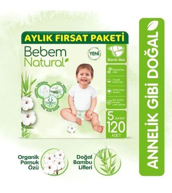 Bebem Natural 5 Numara Bantlı Bebek Bezi 120'li