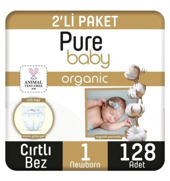 Pure Baby Organik 1 Numara Organik Bantlı Bebek Bezi 128'li