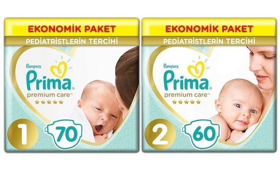 Prima Premium Care 1 ve 2 Numara Bantlı Bebek Bezi 130'lu