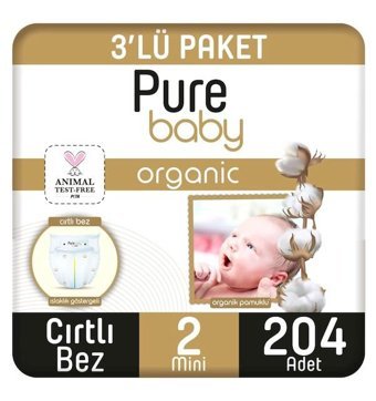Pure Baby Organik 2 Numara Organik Bantlı Bebek Bezi 204'lü
