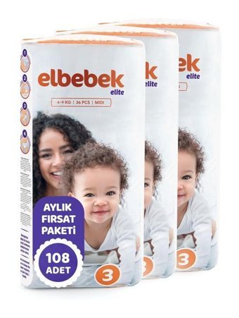 Elbebek Elite 3 Numara Bantlı Bebek Bezi 108'li