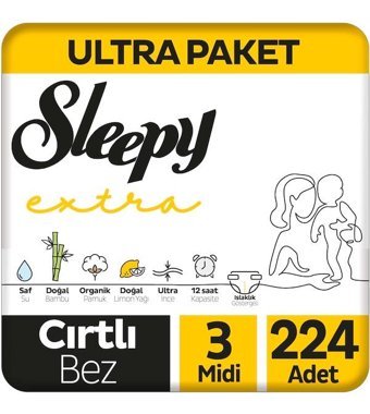 Sleepy Extra 3 Numara Bantlı Bebek Bezi 224'lü