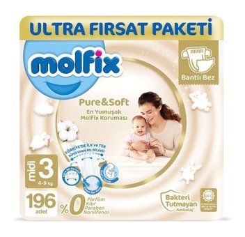 Molfix Pure Soft 3 Numara Bantlı Bebek Bezi 196'lı