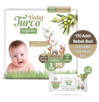 Baby Turco Doğadan 3 Numara Bantlı Bebek Bezi 170'li + 3 Adet Islak Havlu