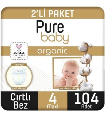 Pure Baby Organik 4 Numara Organik Bantlı Bebek Bezi 104'lü