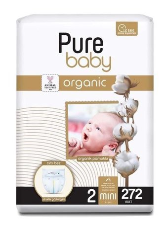 Pure Baby Organik 1 Numara Organik Bantlı Bebek Bezi 272'li