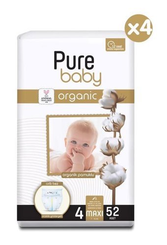 Pure Baby Organik 4 Numara Organik Bantlı Bebek Bezi 208'li