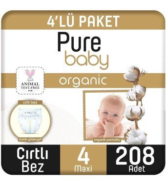 Pure Baby Organik 4 Numara Organik Bantlı Bebek Bezi 208'li